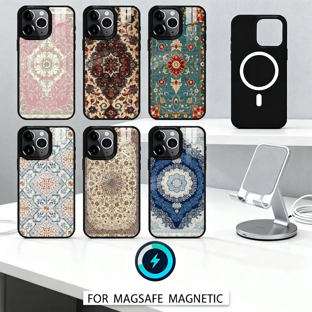 

Чехол для телефона с персидским ковровым цветочным узором, магнитный чехол для iPhone 17, 16, 15, 14, 13, 12 Pro Max, чехол для беспроводной зарядки Magsafe