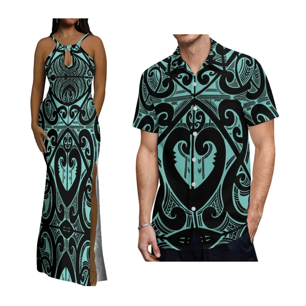 

Hawaiian Beach Party Women'S Sexy Dress Polynesian Island-Style Floor-Length Dress Couple'S Suit And Men'S Short-Sleeved Shirt