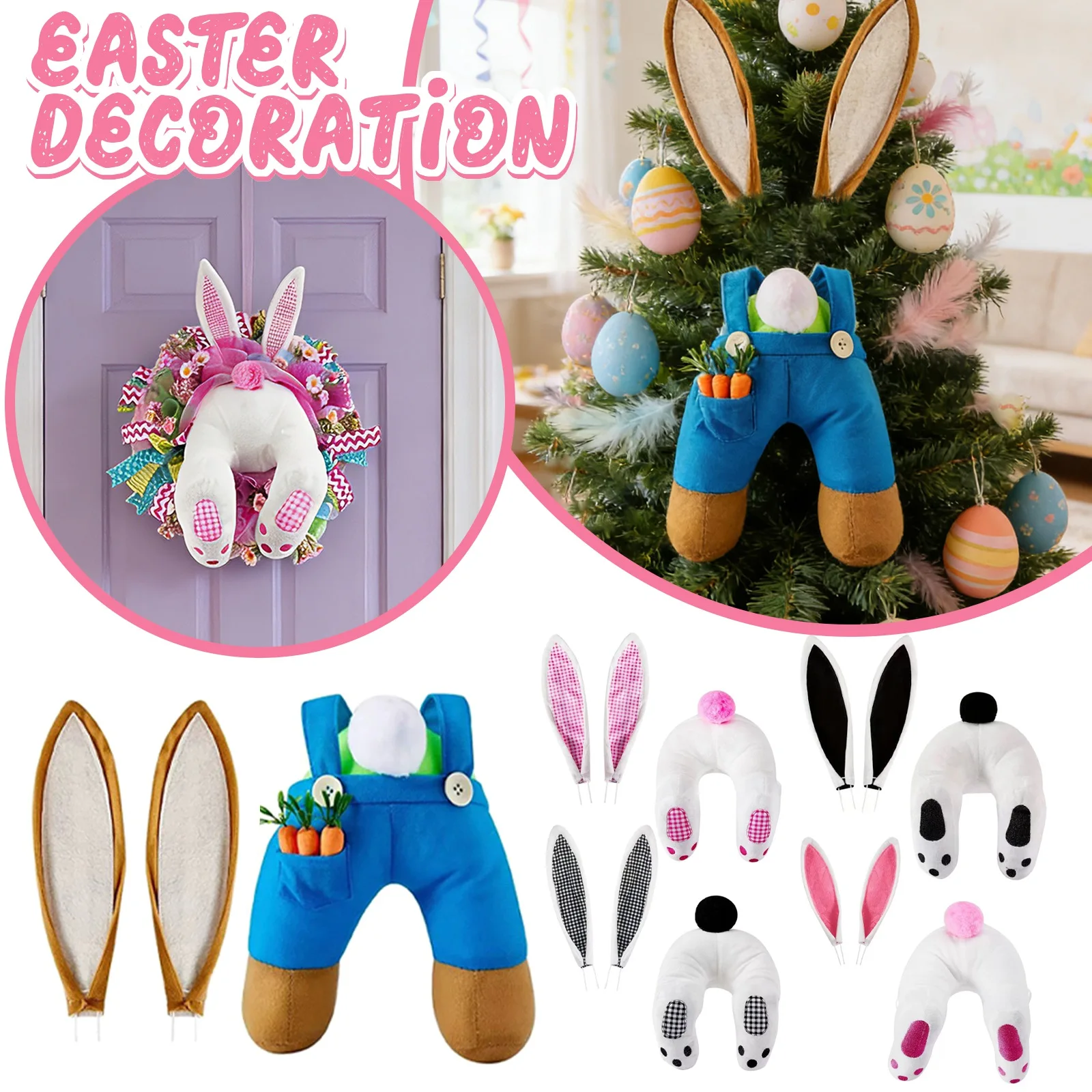 Easter Plush Bunny Butt Wreath Kit Colorful Cute Butt with Ears for Home Wall Hanging Cartoon Home Shop DIY Wall Decoration