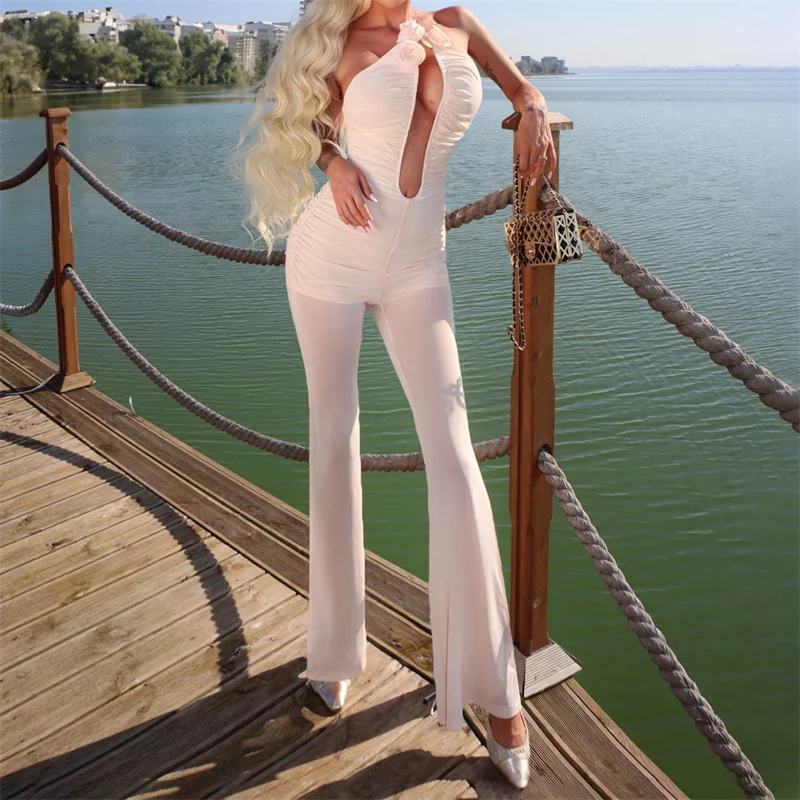 

jumpsuits for woman New 3D flower decorated sleeveless jumpsuit for summer 2025 Sexy hollowed out backless jumpsuit flared pants