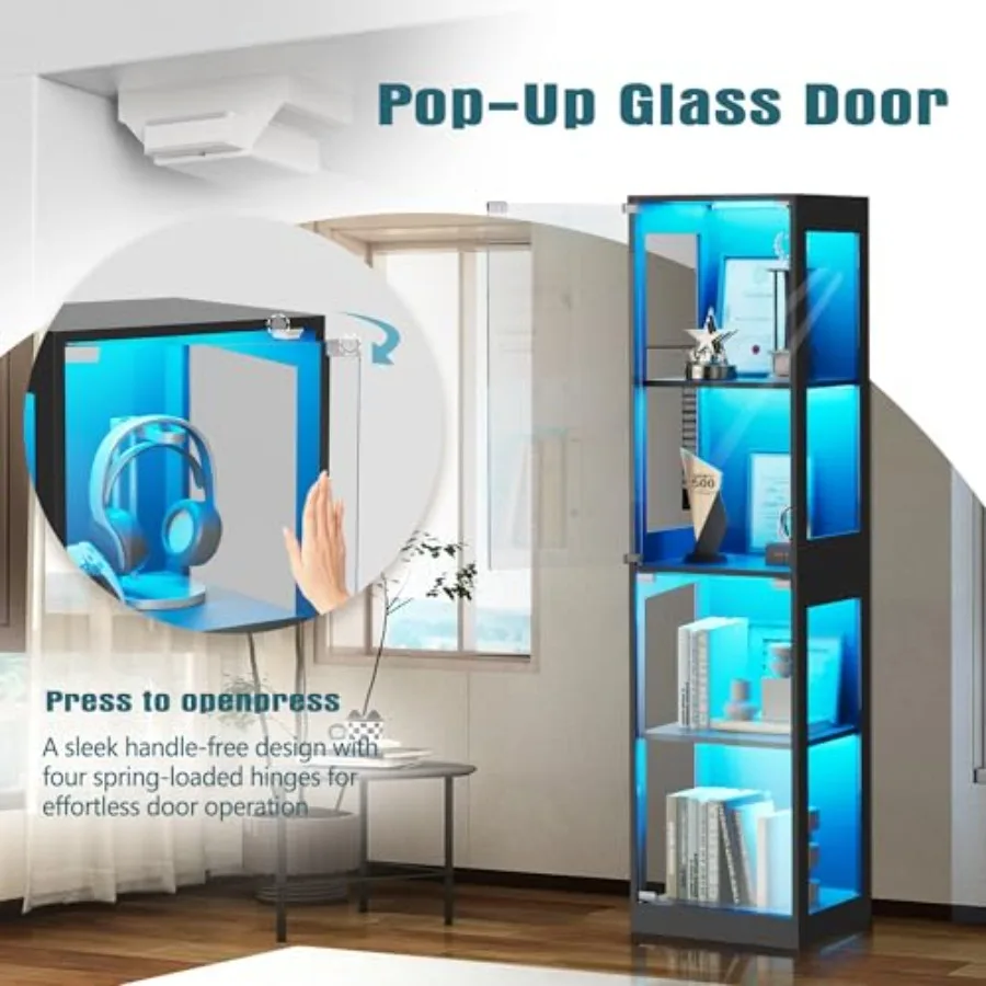 Glass display cabinet with LED RGB lights for collectibles, ideal for playroom or living room use, clear glass doors, modern si view 4