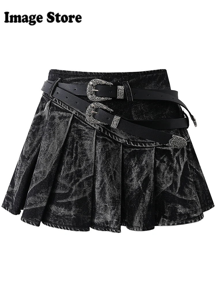 

Women Japanese Fashion Grunge Goblin Core 2000s Aesthetic Mini Denim Pleated Skirt Gyaru Coquette Chic Y2k Harajuku Cyber Punk