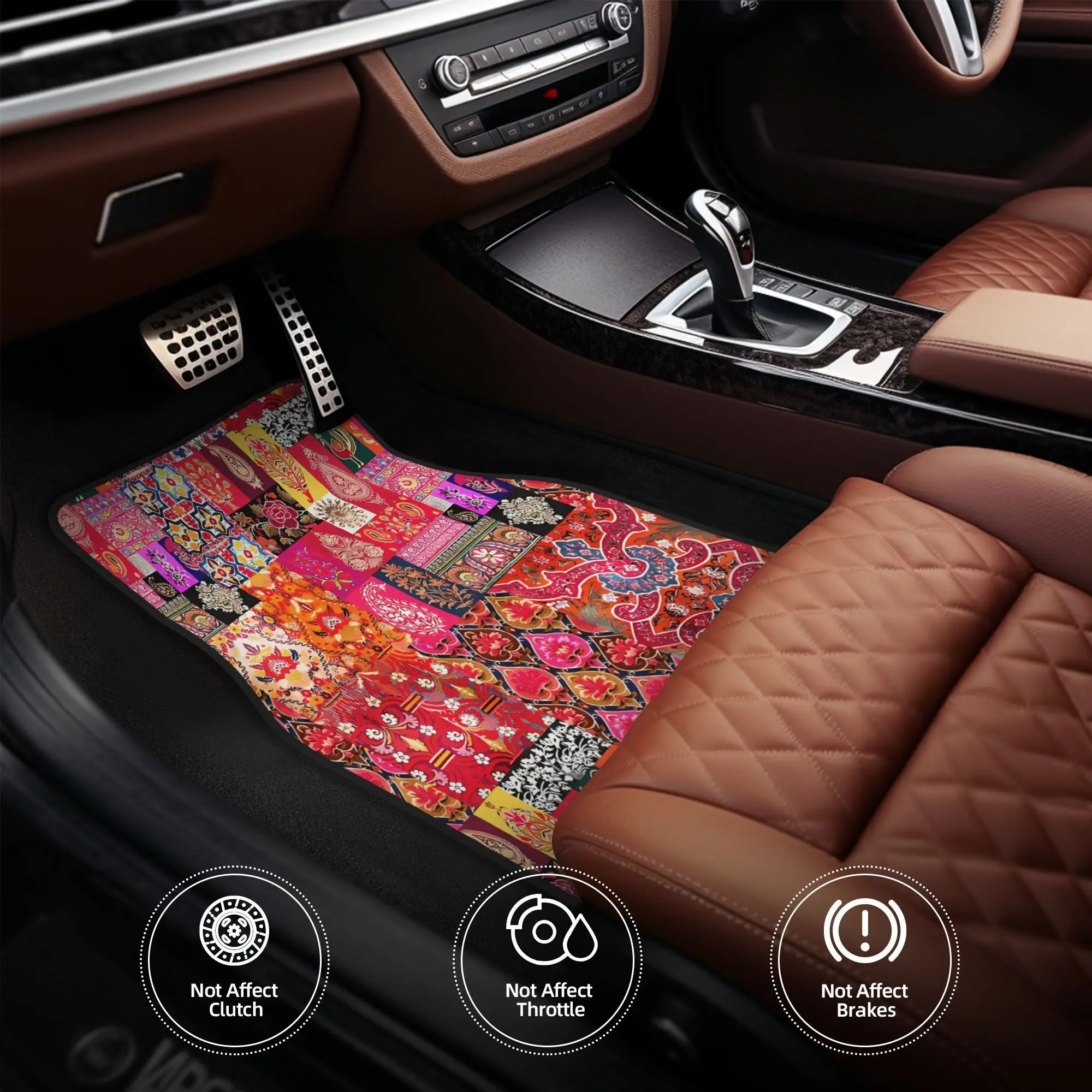 A Complete Set Of Four Car Mats Featuring An Ethnic Bohemian Mosaic Design That Blends Moroccan And Indian Styles, Ideal For Upg