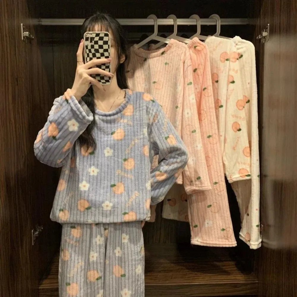 

Sweet Cute Bear Velvet Sleepwear Set Flower Peach Plush Pajama Suit Nightwear Long Sleeve Winter Thick Warm Pajamas Girl Gift