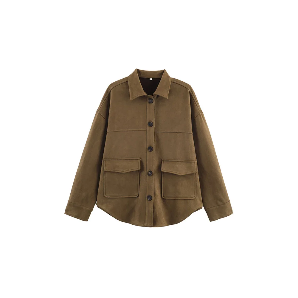 

Осенняя новая женская модная универсальная замшевая рубашка с украшением, куртка, пальто