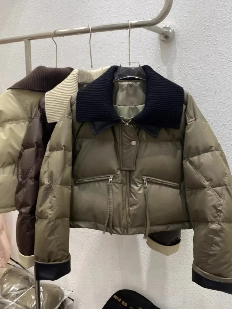 2024 New High-end Designed Warm Knitted Lapel Short Down Jacket Women's Winter Protein Leather Splice Doll Collar Jacket