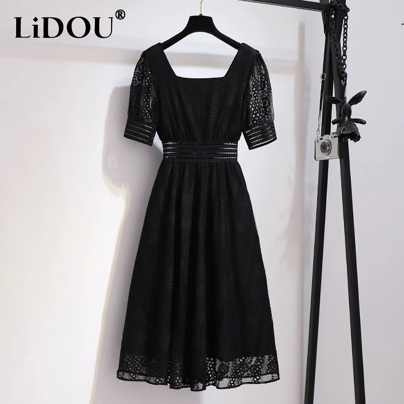 KPOP Fashion Style Black Square Collar Summer Dress Women Lace Short Sleeve Tunic Midi A-line Dresses Lady Grace Party Vestidos