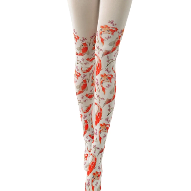 Women Carp Fish Printed Silky Pantyhose Harajuku Cherry Blossom Patterned Skinny Leggings Lolita Kawaii Tattoo Tights