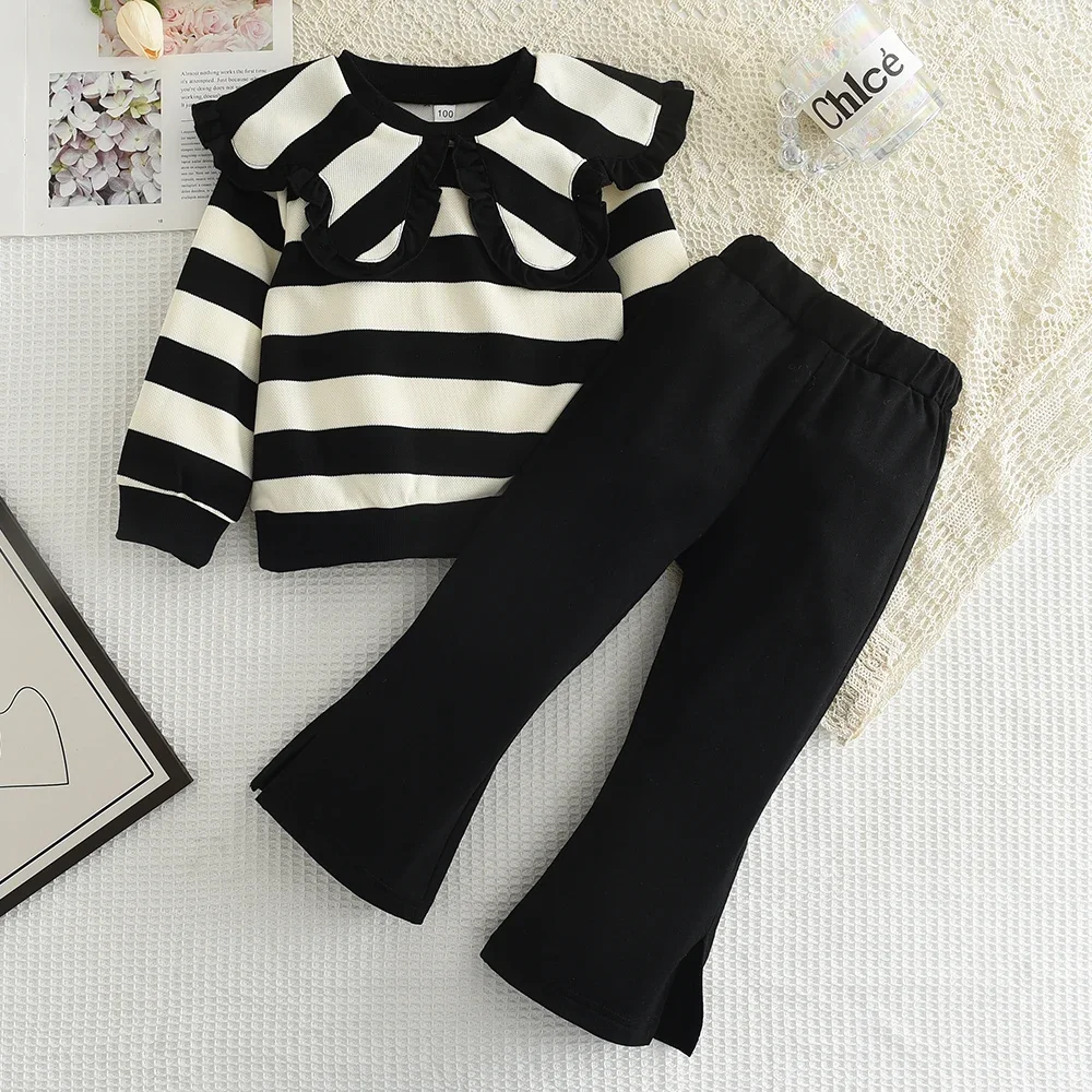 

Autumn Winter Girls Clothing Set New Girls Large Lapel Pleated Stripe Top+Bell-bottoms Two Piece Girls Sets Clothes