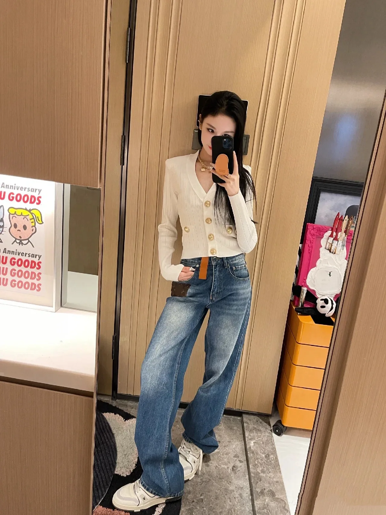 

High Waist Blue Vintage Jeans Leather Tag Wide Leg Loose Long Pants Dad Pants Women's Ethnic Costume Stage Costume