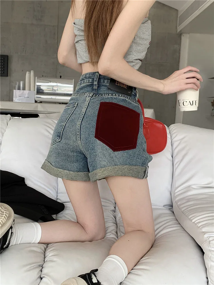 

Korean Style Denim Shorts For Women Summer High Waisted Blue Patchwork Y2k Street Fashion Hot Pants Jean Shorts