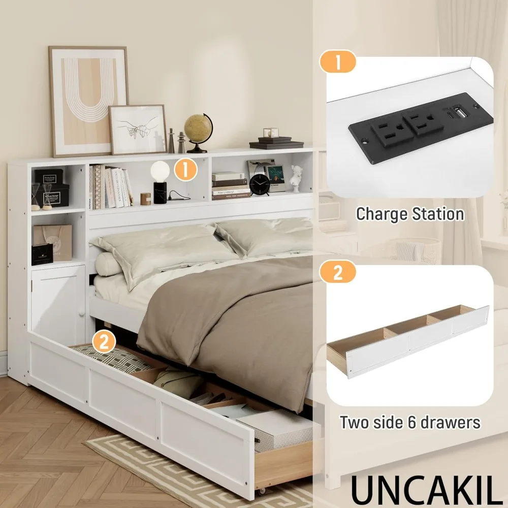 Cama alta de armazenamento de madeira com 6 gavetas, estação de carregamento para adolescentes e adultos, sem necessidade de molas