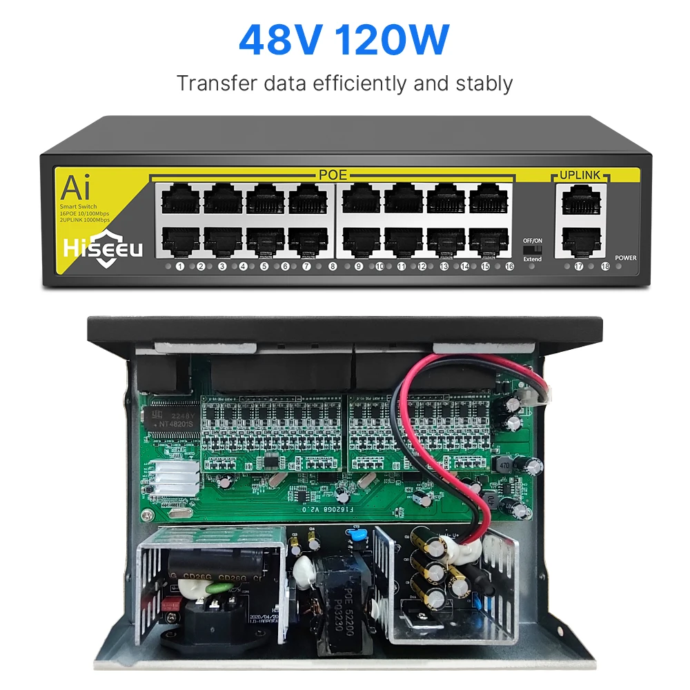 Hiseeu 8 16 port 48V POE Switch 2 Uplink, 10/100Mbps IEEE 802.3 af/at untuk IP kamera CCTV sistem kamera keamanan AP nirkabel