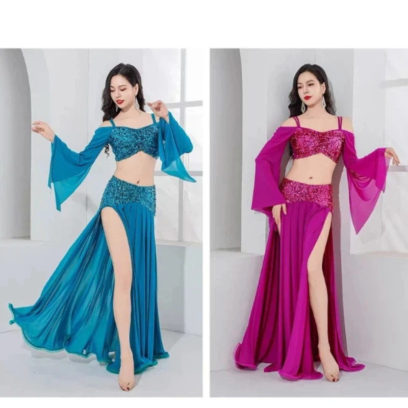 ชุดเต้นระบำหน้าท้องผู้หญิง เสื้อแขนยาว+กระโปรงยาว ชุด 2 ชิ้น สำหรับผู้ใหญ่ ชุดแสดงเต้นระบำแบบตะวันออก ชุดฝึกซ้อมเต้นระบำหน้าท้อง