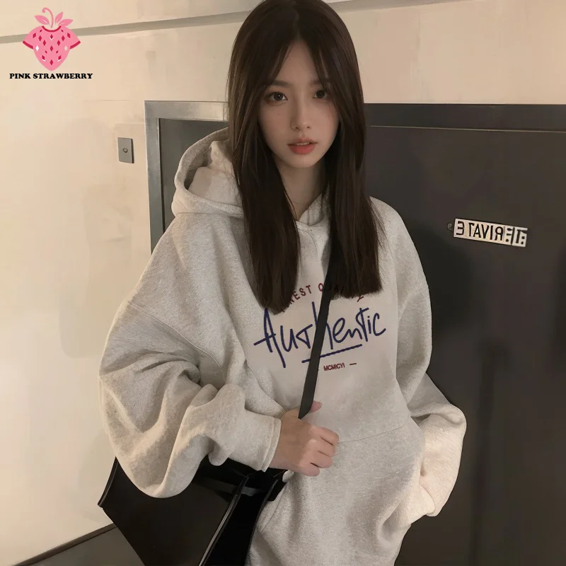 

White Gray Plush Hoodie Women Autumn Winter 2025 New Oversize American Long sleeves Pullover Sweatshirt Y2K Tops Ladies clothing