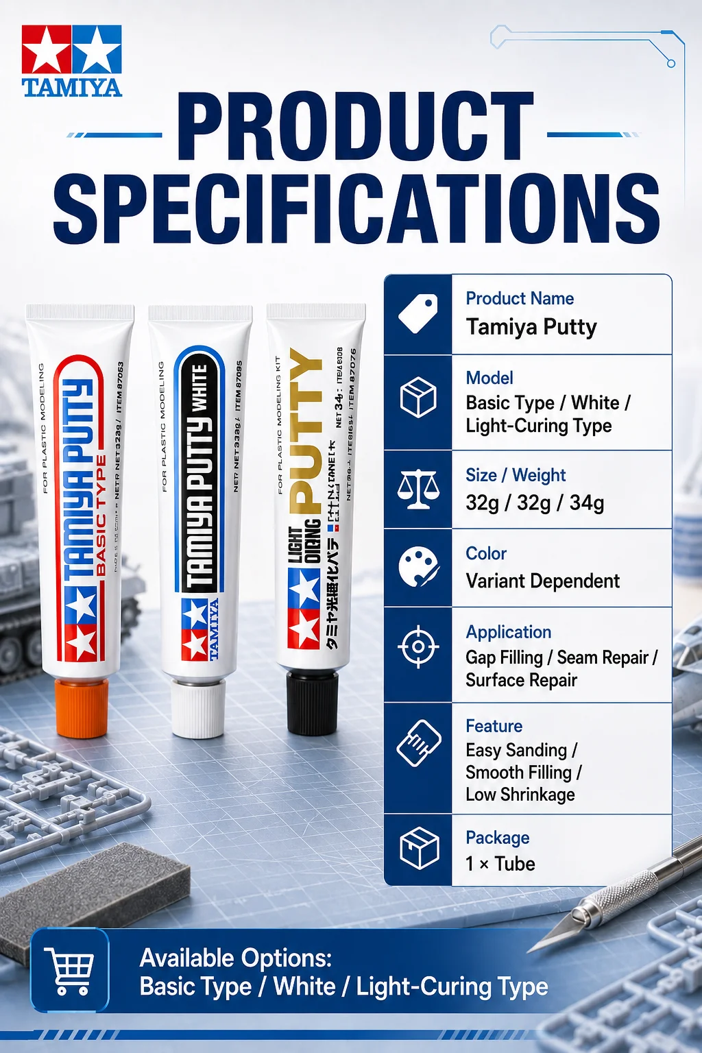 Großhandel Tamiya Putty 87053/87095/87076 Grau Weiß Zahnpasta Modell Werkzeug für Montage Figur Modellbau Reparatur Abdichten – Detail 5