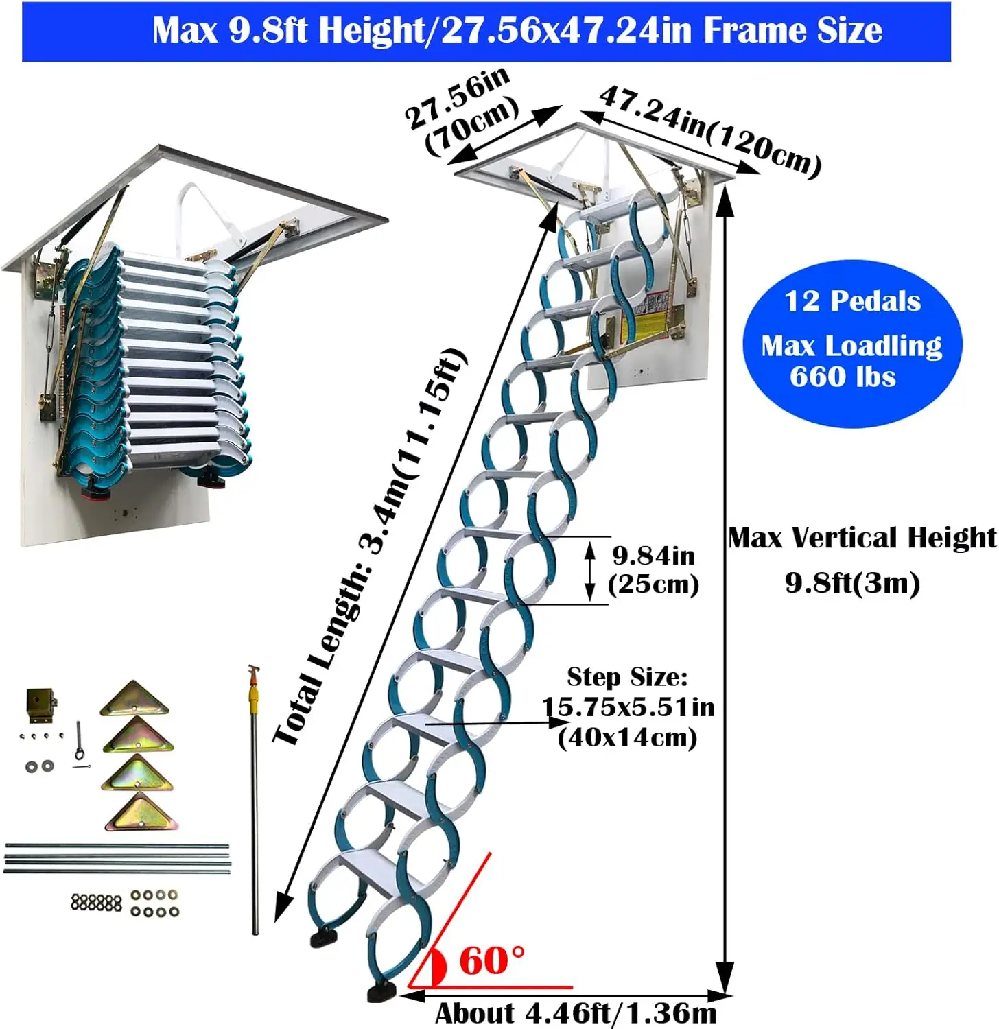 Intbuying Attic Ceiling Ladder Ceiling Folding Ladder Stairs Carbon Steel Attic Loft Ceiling Extension Ladder 9.8Ft Height 12