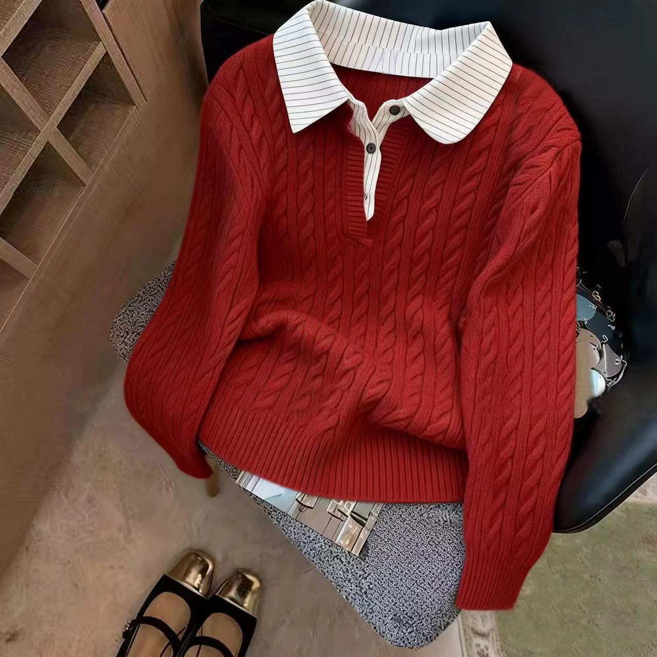 

Autumn Winter Collar Linen Texture Knitwear Fake Two-Piece Design Slimming Sweater Brand Outlet Tag Removed Fem Long