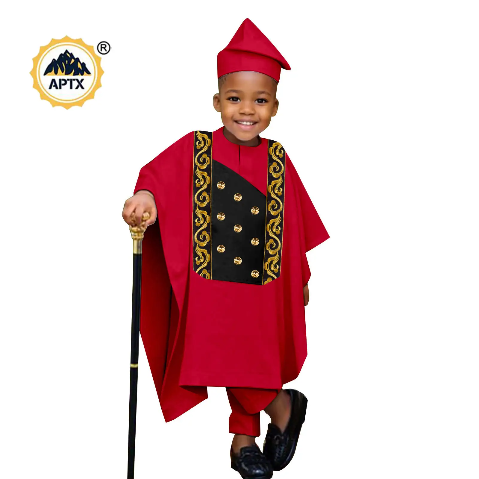 Africa Clothes for Boy Outfits Embroidery Button Robe Top and Pants Matching Hat Bazin Riche Children Kid Muslim Sets 2446044