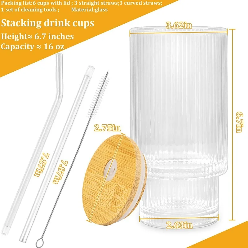 6 Pcs 16oz Glass Cups With Lids and Strands, ribbed glassware, stackable glass cups, suitable for coffee