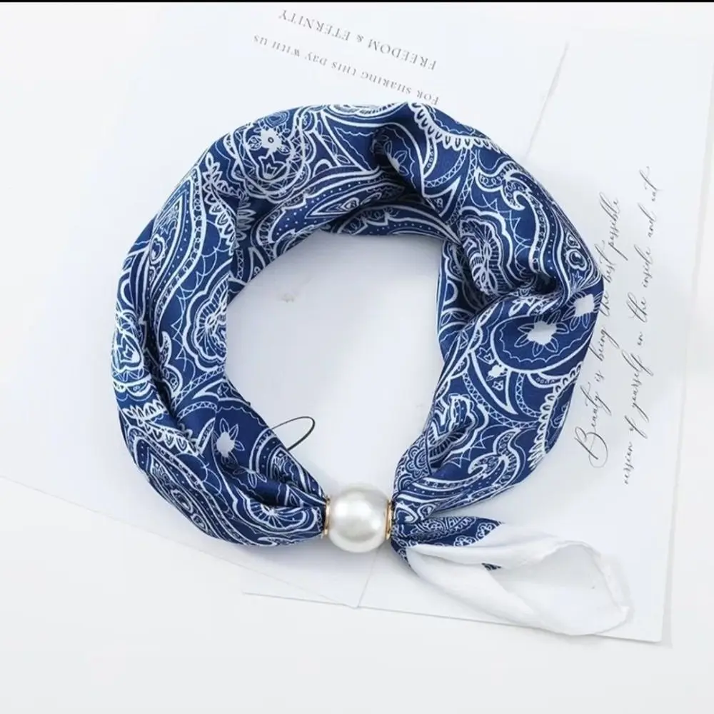 

New Pearl Buckle Silk Scarf Printed Soft Neck Scarf Thin Lightweight Neckerchief Women