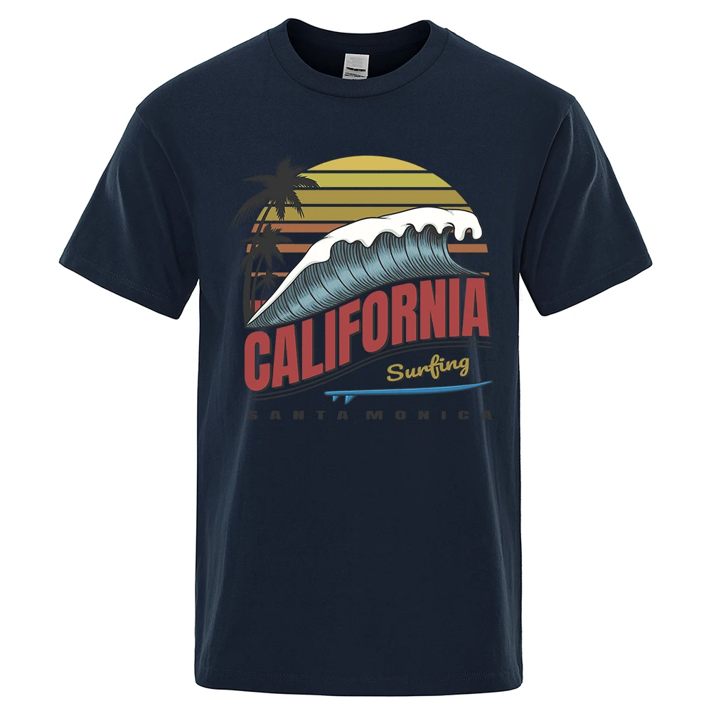 California Surfing Santa Monica Beach Printed Clothes Men Breathable Oversize T-Shirt Summer Cotton Tee Clothes Crewneck T-Shirt