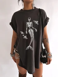 Seeyoushy Mermaid Skull Print Vintage Women T Shirt Side Slit Summer Funny 90s T Shirt Drop Shoulder Short Sleeve T Shirts Tops