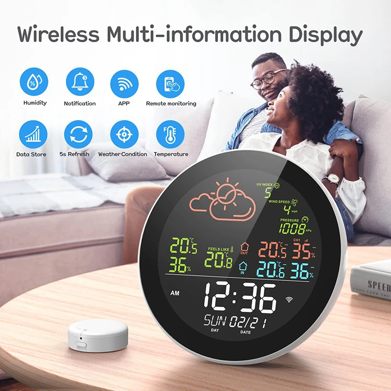 Tuya Wifi Smart Weather Station Indoor Outdoor Home Temperature Humidity Meter Digital Color Screen Clock Thermometer Hygrometer