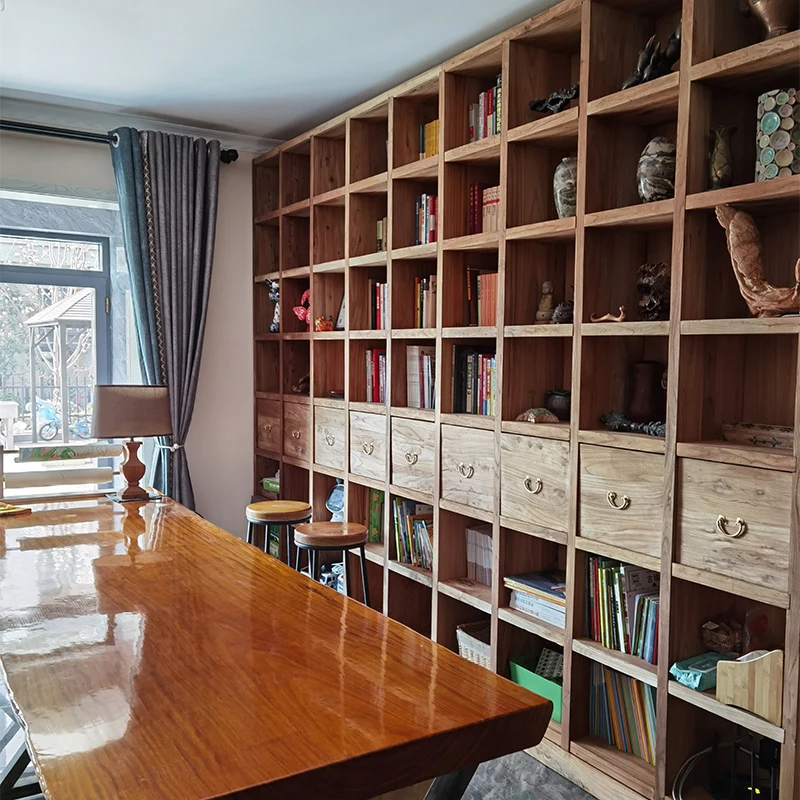 

Old elm bookshelf custom whole wall bookcase solid wood bookshelf lattice shelf custom full wall bookshelf floor shelf