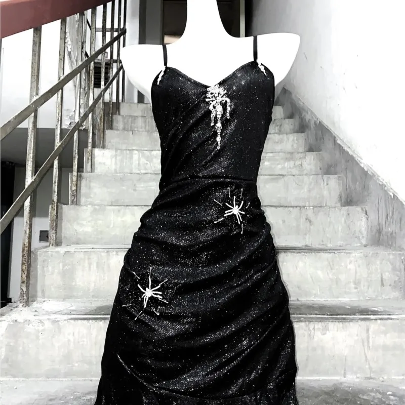 Niche Gothic Style Dark Halloween Nightclub Wear Asian Culture Dress Three-Dimensional Hand-Made Dress Halter Skirt