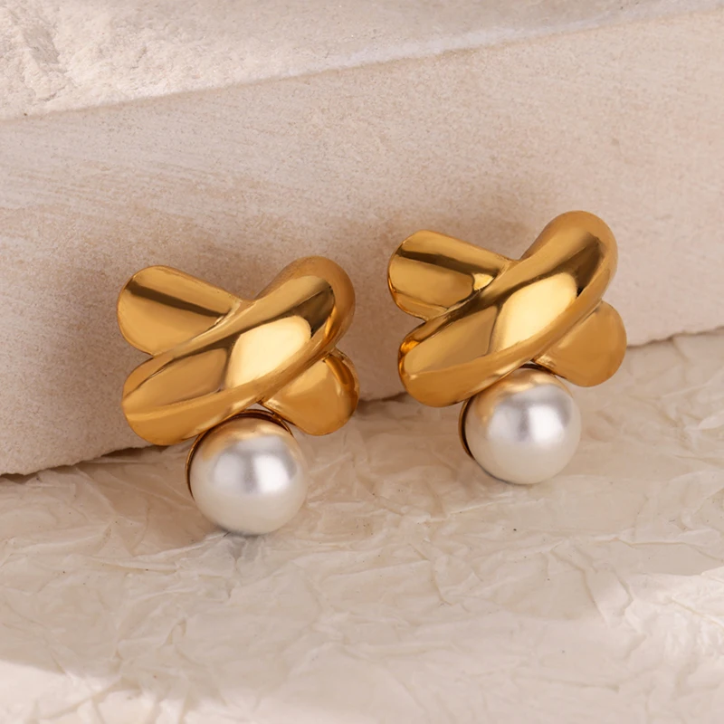 Imitation Pearl Bow Earrings for Women Stainless Steel Gold Color Geometric Cross Earrings Fashion Wedding Jewelry Christmas