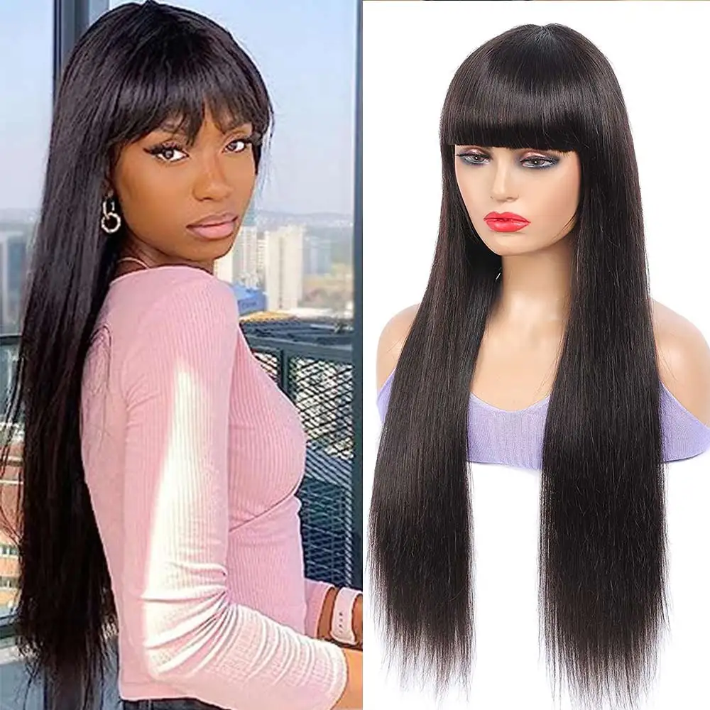 

Straight Hair With Bang Fringe 100% Human Hair Wigs For Women Brazilian Bob Wig Glueless Full Machine Made With Bangs 32 Inch