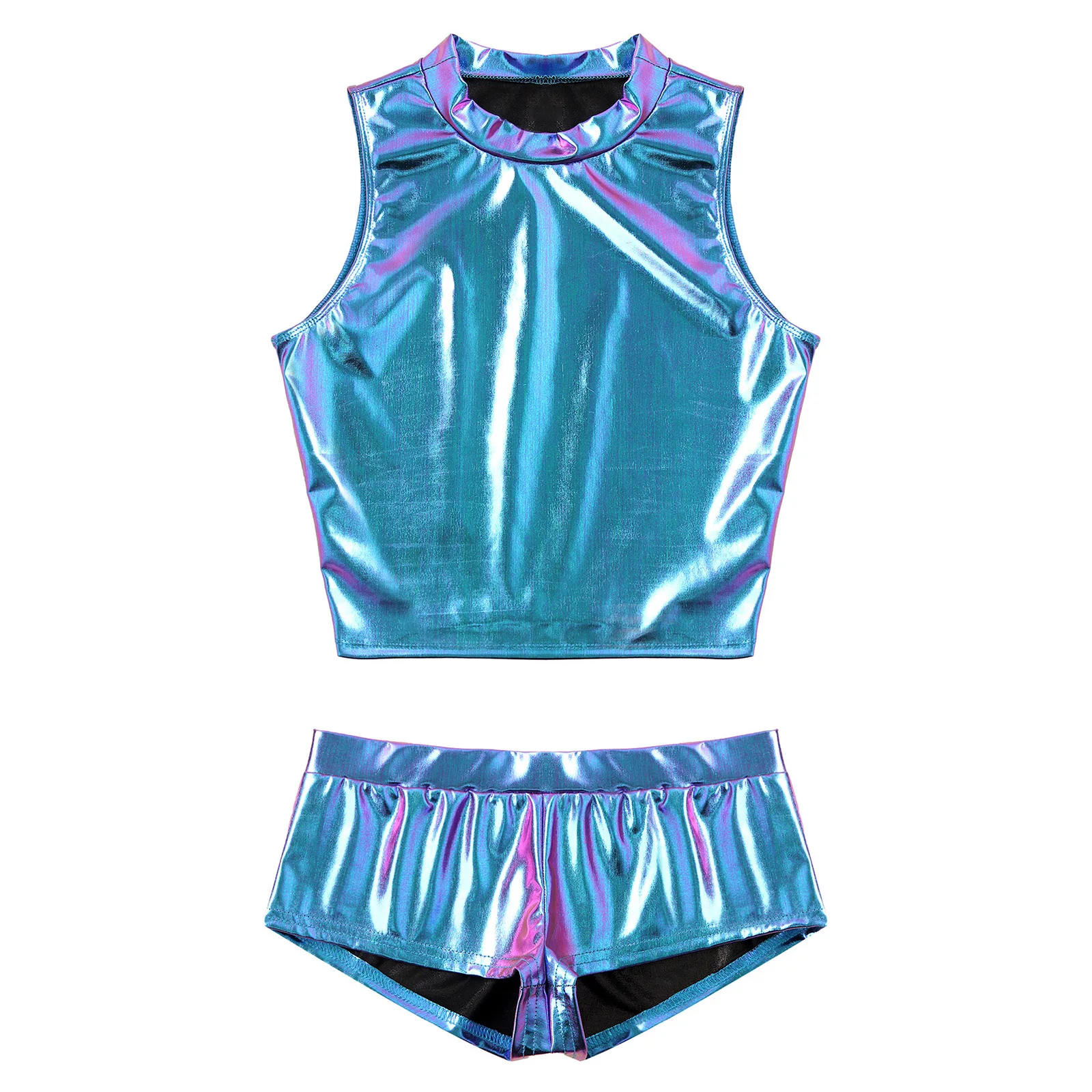 Womens Pole Dance Costume Metallic Mock Neck Crop Top with Low Waist Hot Shorts Rave Outfit Music Festival Party Clubwear