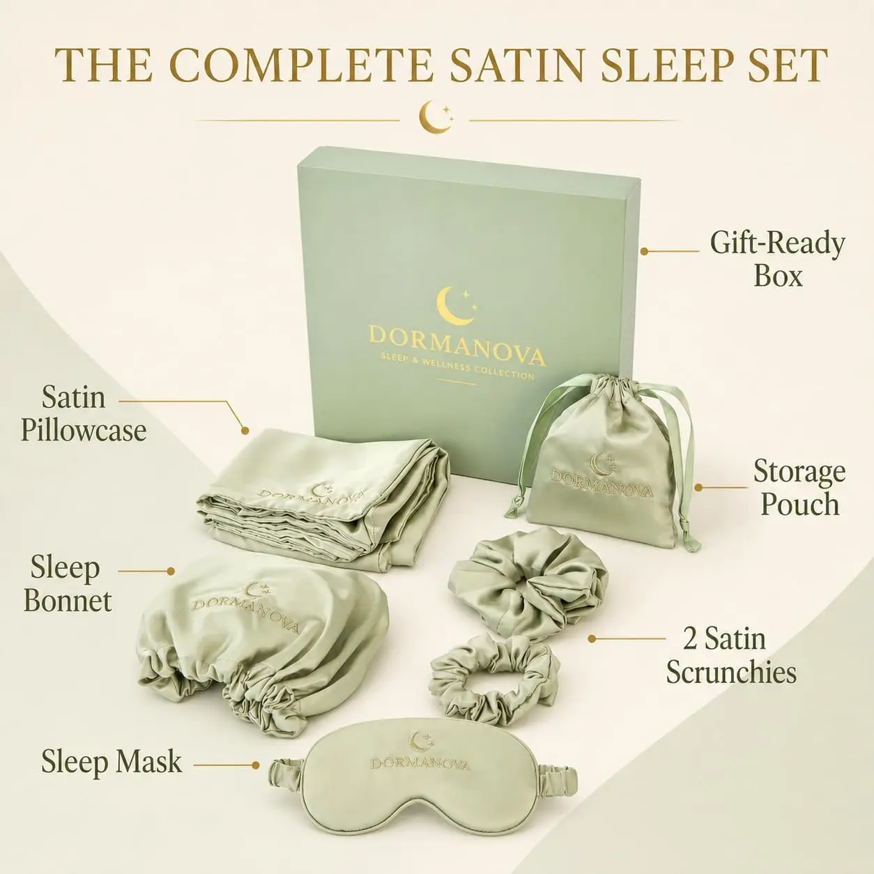 Luxury Satin Sleep Set – Satin Pillowcase, Sleep Mask, Bonnet, Scrunchies & Gift Box for Hair & Skin Care