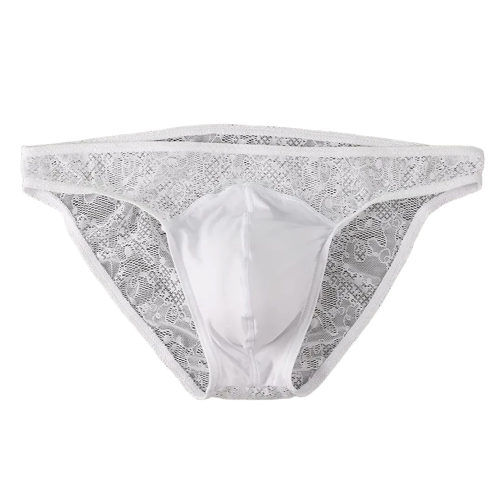 Men\'s Low Waist Triangle Briefs with Lace Mesh Design for Breathable Comfort, See-Through Style in Black or White, Sizes S-XL
