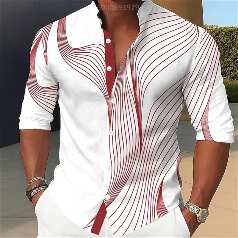 

Men's geometric gradient line wave shirt, stand collar, casual long sleeve, business everyday, autumn and winter button shirt
