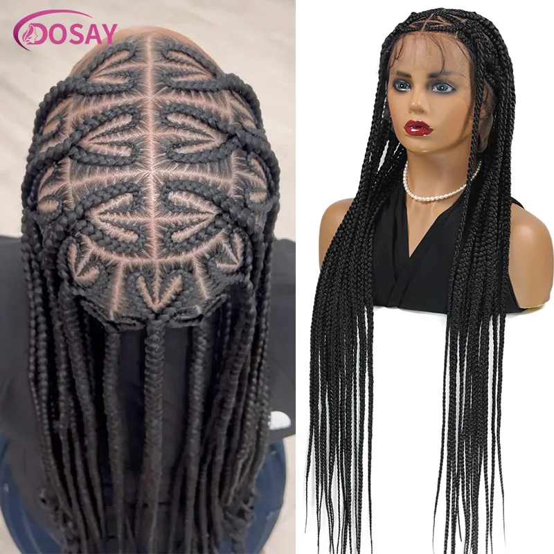 Long Knotless Box Braid Lace Frontal Perucas para Mulheres Negras, feito à mão, Forma do Coração, Trançado, Sintético, Cornrows, Tranças Plait, 36"