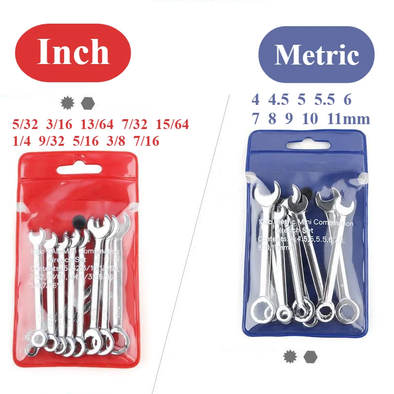 10 Pcs Mini Open End Wrench 4-11mm Metrci / Imperial Standard 45# Steel Double End Ratchet Wrenches Mini Combination Spanner