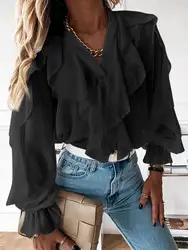 Celmia-Camisa de manga larga con cuello en V para mujer, Blusas informales con volantes a la moda, Blusas elegantes con botones para fiesta, 2023