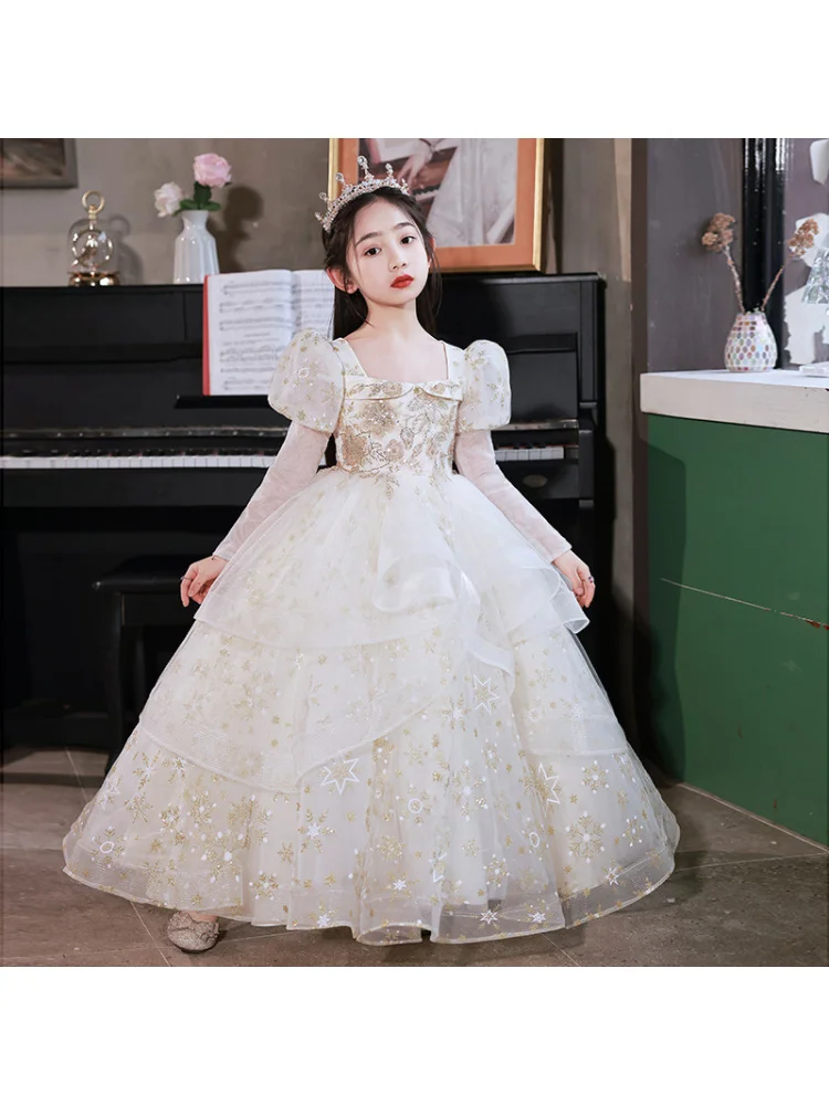 Princess Dress for Girls High-End Summer Long-Sleeve Children's Host Flower Girl Wedding Little Girl Piano Performance Dress