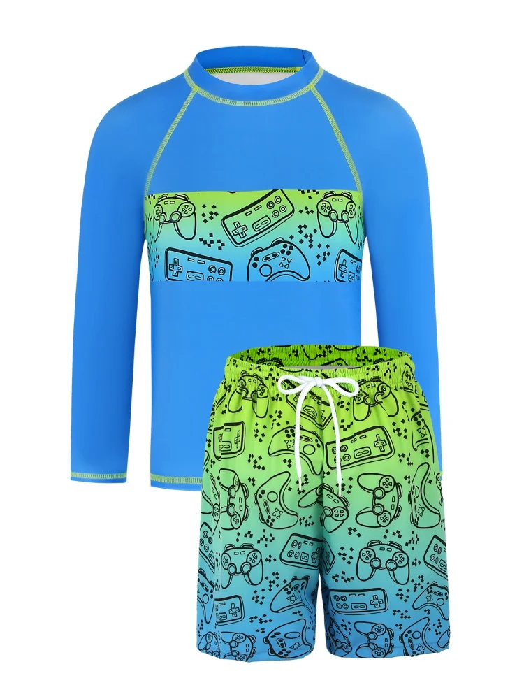 Boy Kids Swimsuit 2026 New Solid Game Console Long Sleeves Children Swimwear Summer 2 Piece Beach Cover Up Bathing Suit Swimming
