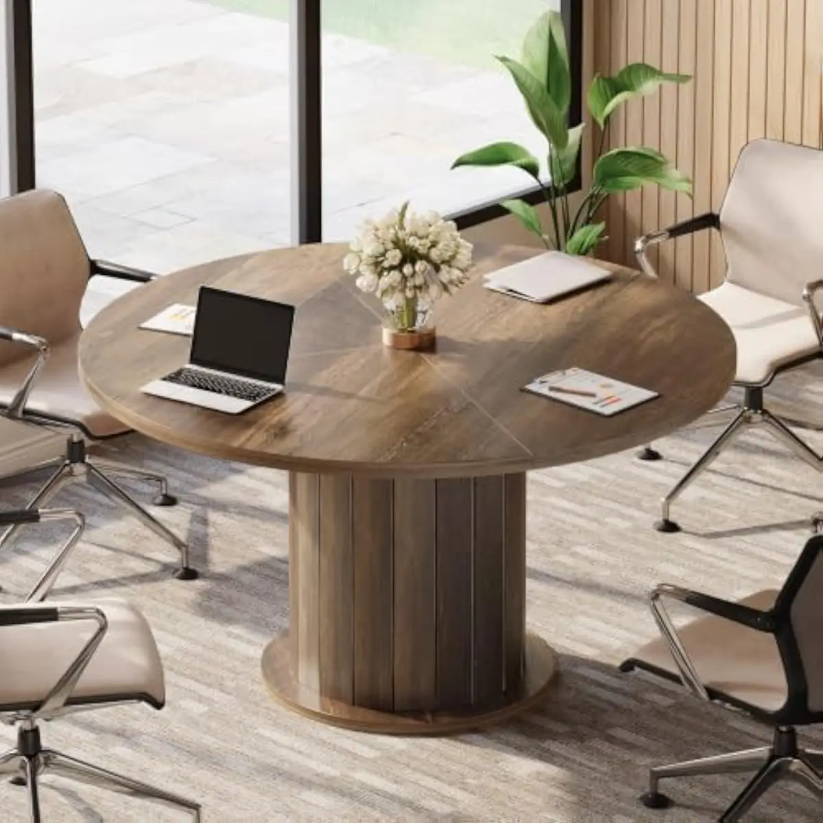 47.24 inch round conference table with vertical slat pedestal base for 4 to 6 people • 29.53 inch height • engineered wood const