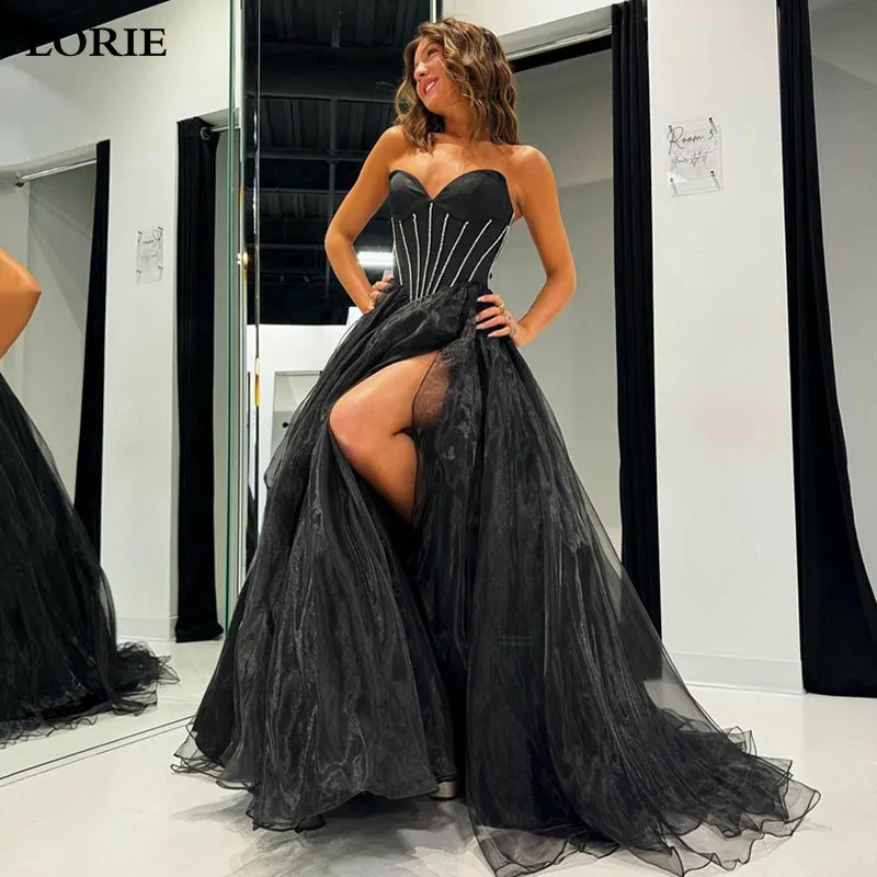 

LORIE Romantic Black Wedding Dresses A Line Strapless Beading Side Split Organza Bride Dress Puff Tulle Wedding Gowns 2024