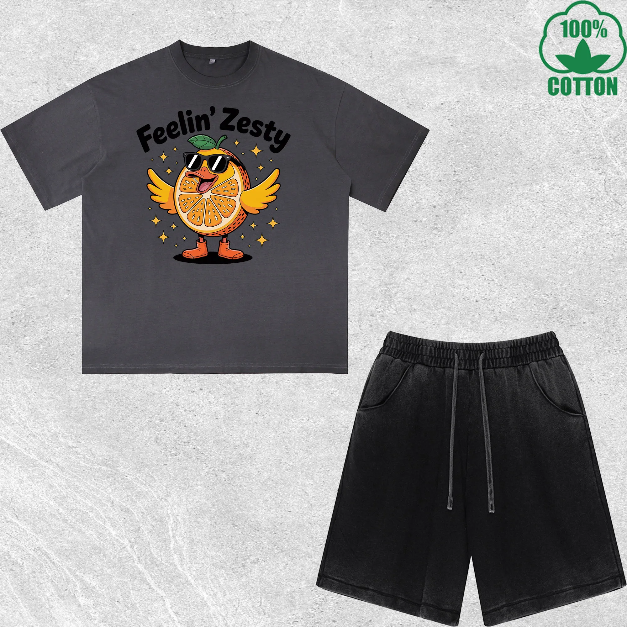 

Funny Lemon Summer Goose Feelin Printed Dirty Wash T-Shirt Shorts Set Multicolor Combo Loose Trendy Fashionable 100%Cotton