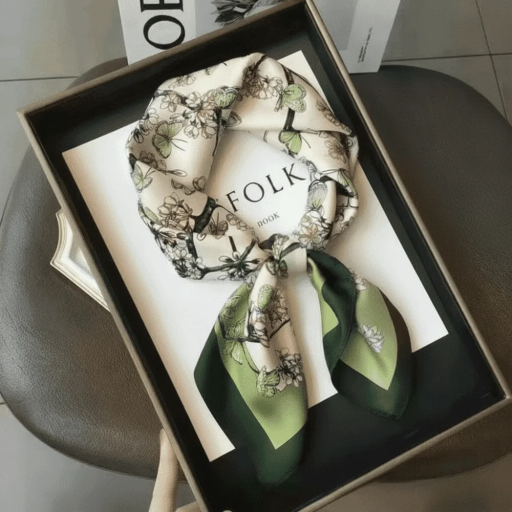 Silk Material Silk Square Scarf Floral Print Soft Texture Hijab Head Scarf Satin Fabric Square Shape Floral Print Scarf