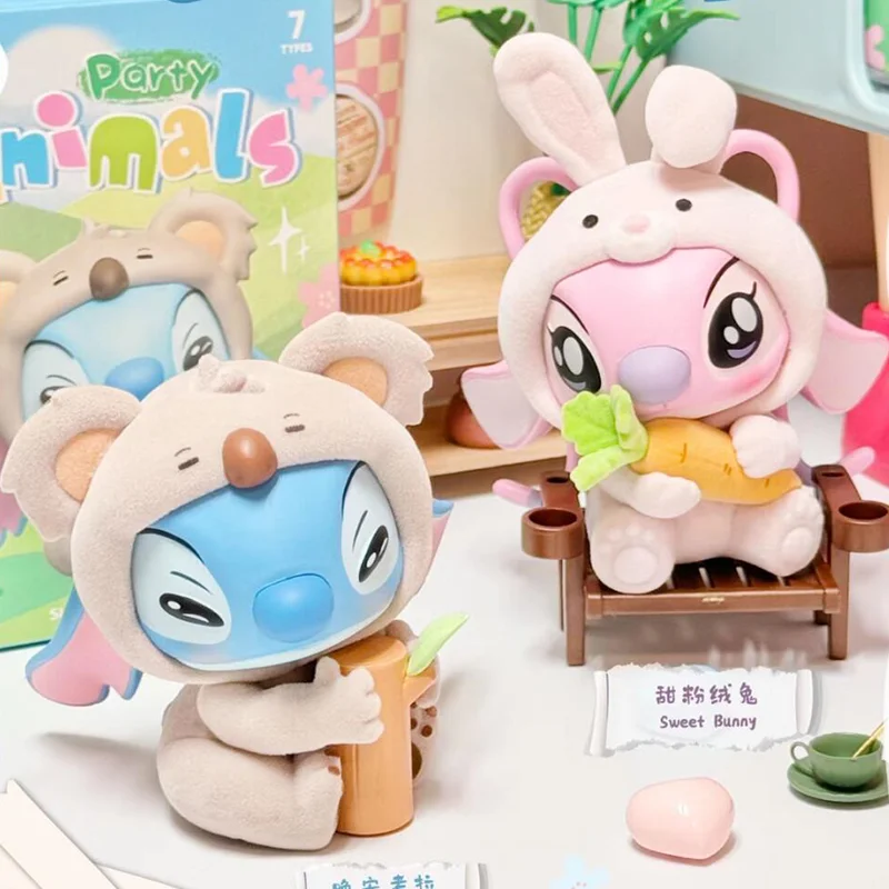 MINISO-Stitch Animal Party Series Blind Box, Action Figure, Decoração de Mesa Kawaii, Surpresa de Aniversário, Caixa Misteriosa, Presente Modelo Toy