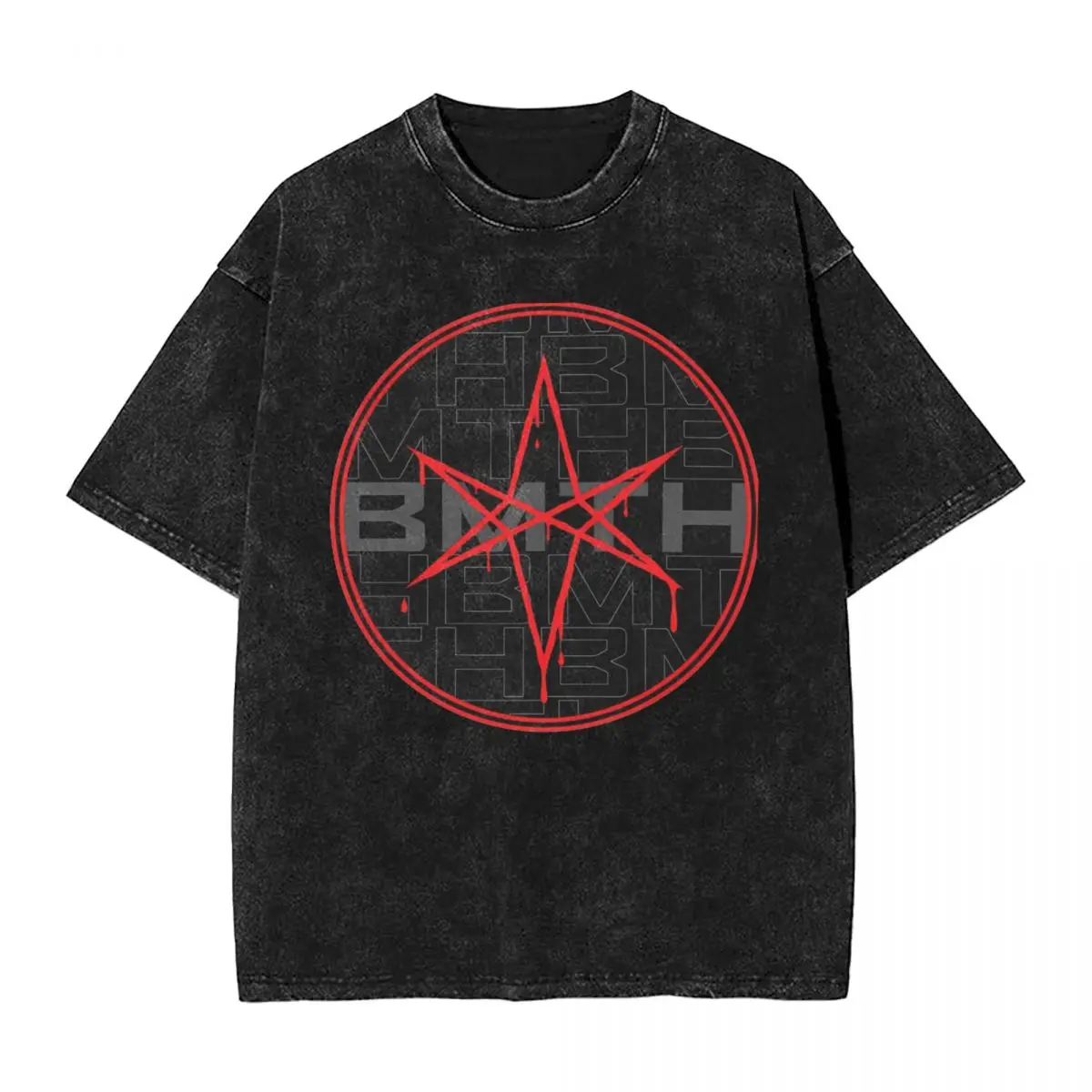 Bring Me The Horizons Hexagram Washed T Shirts Streetwear Hip Hop Vintage T-Shirts Tees Tops Men Women Short Sleeve High Street