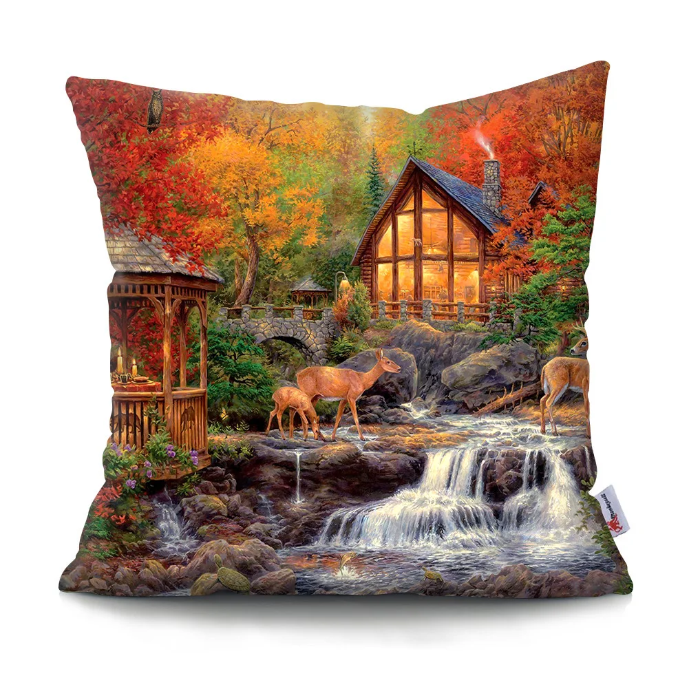 Country Oil Painting Scenery Print Pattern Pillowcase Polyester Sofa Cushion Cover Home Bedroom Decor