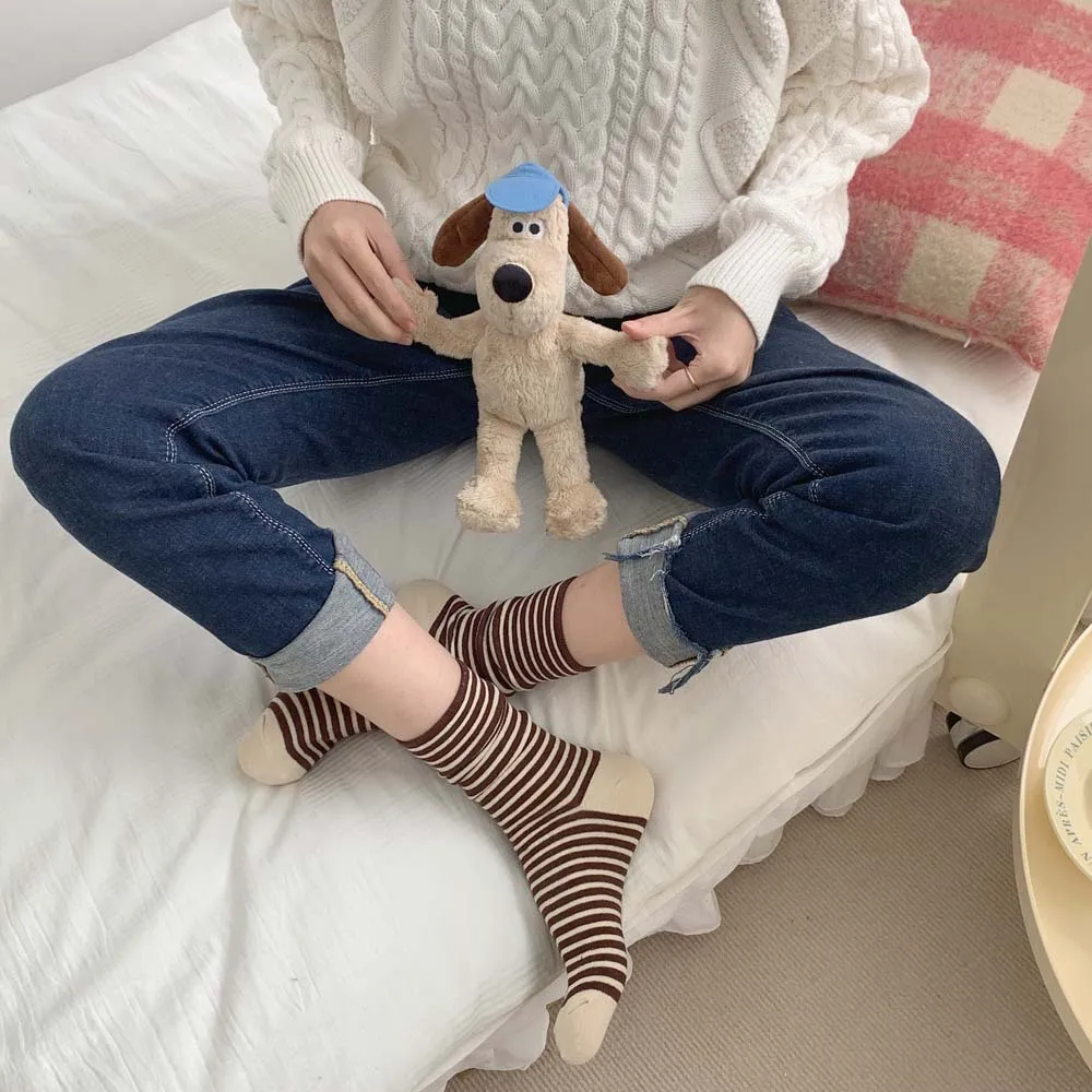 Striped Socks Retro Contrasting Medium Tube Socks Spring Autumn Cotton Stockings 1 Pair Korean Japanese Children Women Socks