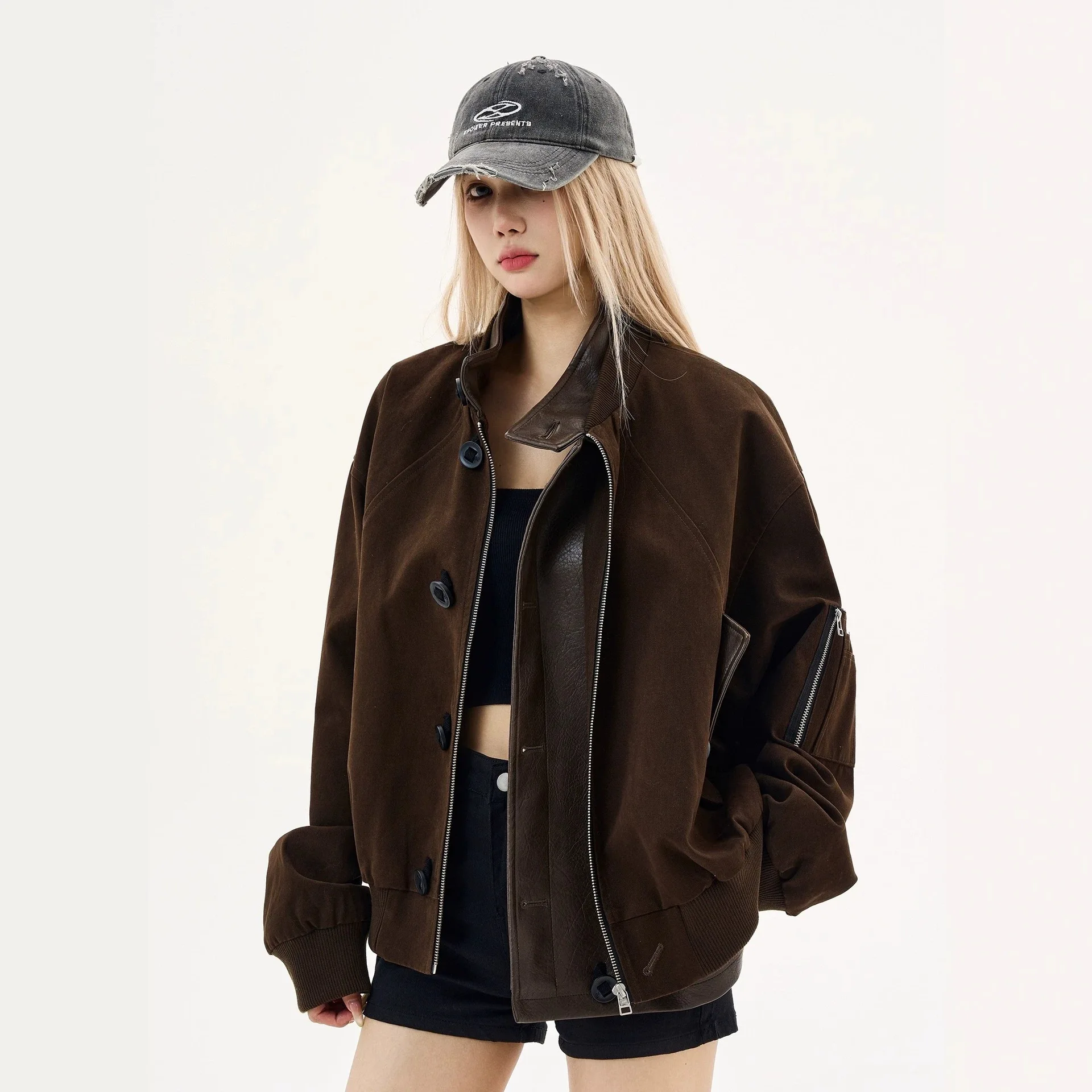 Vintage heavy design sense splicing leather jacket stand-up collar jacket men's and women's cleanfit jacket tide